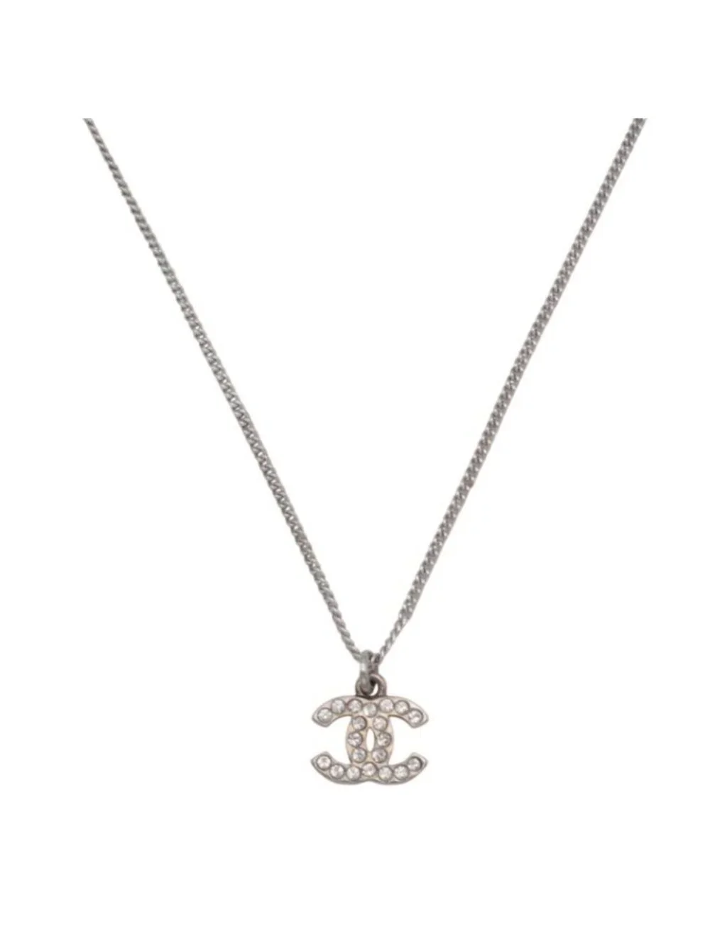 Chanel CC Logo Necklace Metal Crystal Silver Simple